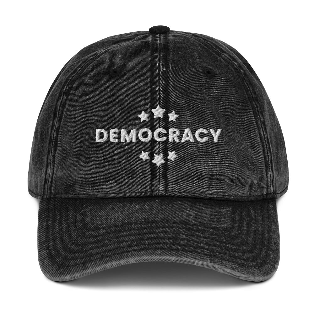 Democracy Hat, Embroidered Vintage Cotton Twill Cap, Multiple Colors