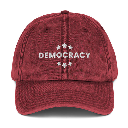 Democracy Hat, Embroidered Vintage Cotton Twill Cap, Multiple Colors