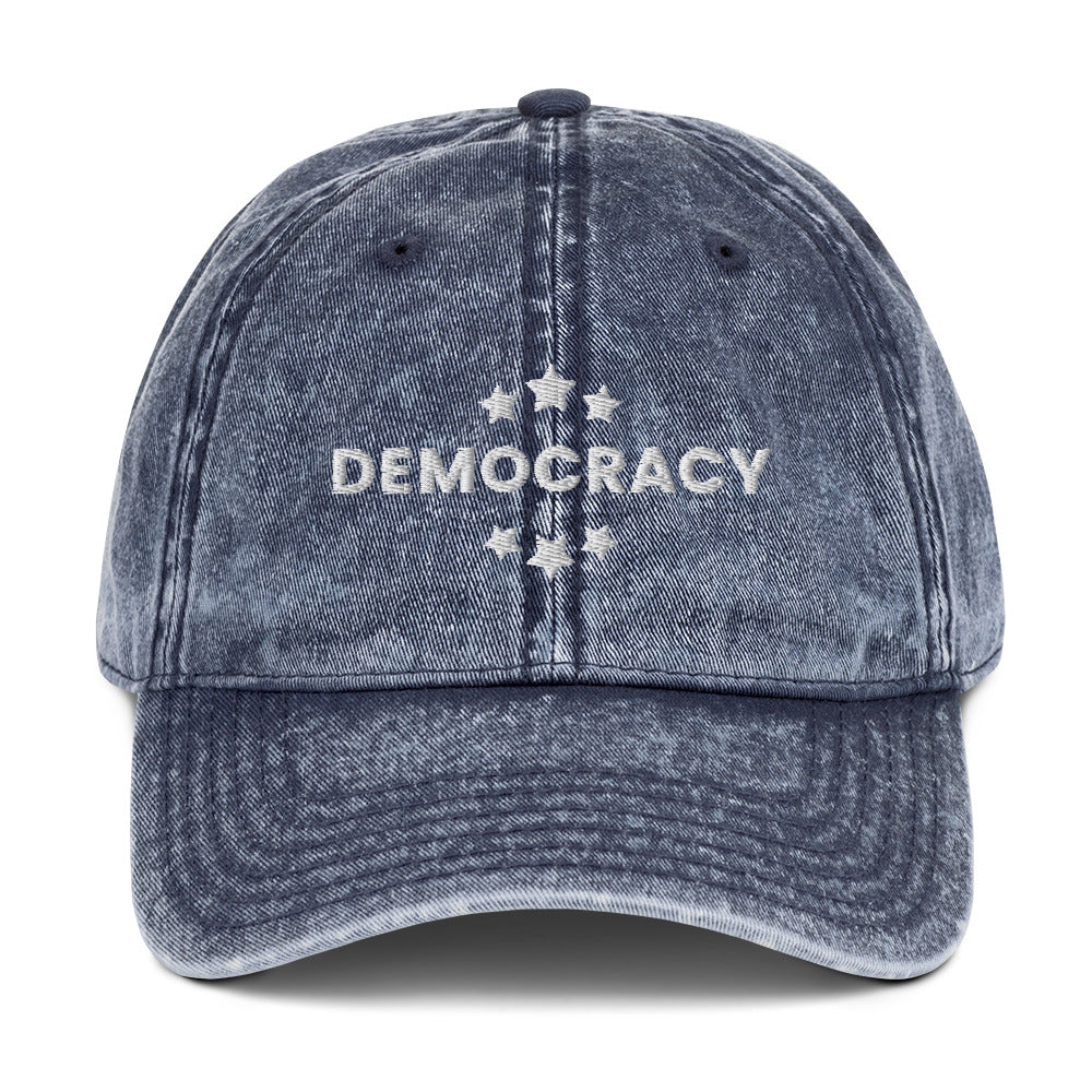 Democracy Hat, Embroidered Vintage Cotton Twill Cap, Multiple Colors